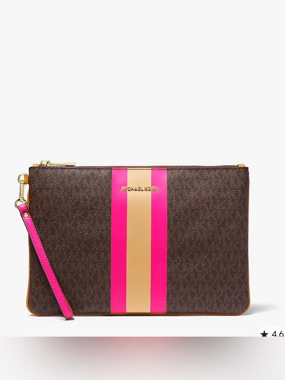 Michael Kors Brown Wristlet with Pink & Tan Center Stripe